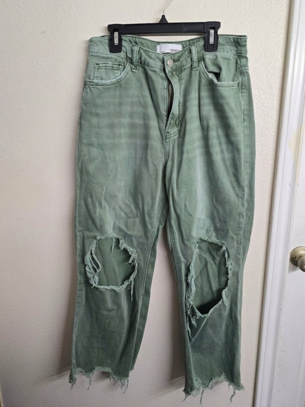 Vervet Distressed Green Cotton Jeans Size 28 Ripped Knees Frayed Hem